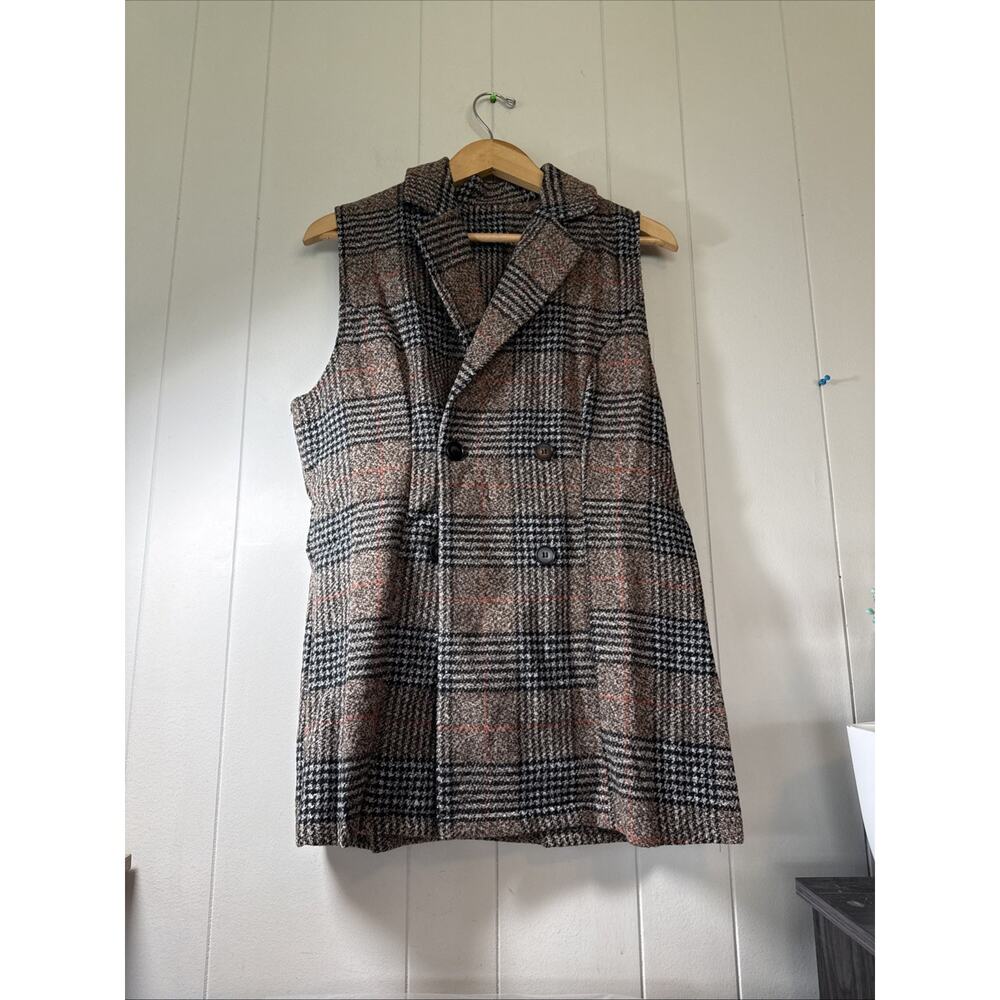 Plaid Brown Sleeveless Double Breasted Long Vest Size XL New HH